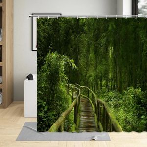 Douchegordijnen Forest Gordijn Bamboe Palm Tree Plank Road Mountain Green Plant Scenery Patroon Badkamer Decorpolyester Doekset