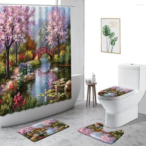 Douchegordijnen bos tuin landschap gordijn roze bloemplant kleine brug stromend water badkamer set niet-slip tapijt toiletdeksel tapijtdeksel
