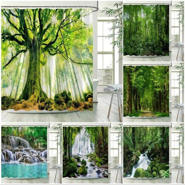 Rideaux de douche Forêt Paysage Tropical Jungle Arbres Cascade Nature Paysage Maison Jardin Tenture Murale Salle De Bain Rideau Décor