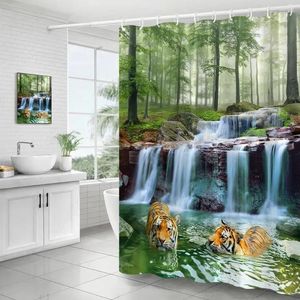 Rideaux de douche Forêt Paysage Cascade Sauvage Tigre Printemps Nature Paysage Polyester Tissu Salle De Bain Rideau Décor Avec Crochets