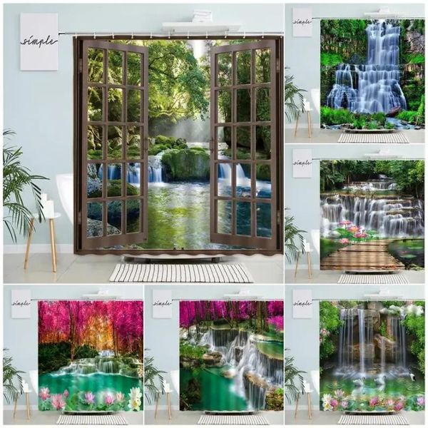 Rideaux de douche Forêt Paysage Cascade Rideau Fenêtre Plante Arbres Rose Lotus Cygne Nature Paysage Tissu Salle De Bain Décor Crochets