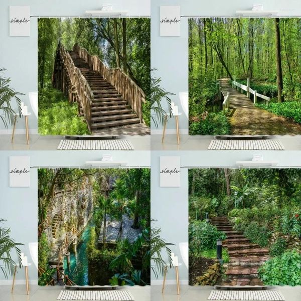 Rideaux de douche Parc forestier Paysage Rideau Plantes vertes Fleurs Pont en bois Route Printemps Paysage naturel Salle de bain avec écran à crochet