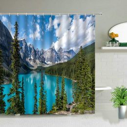 Rideaux de douche paysage de forêt brouillard montagne arbre oiseau paysage salle de bain étanche tissu rideau de bain avec crochets