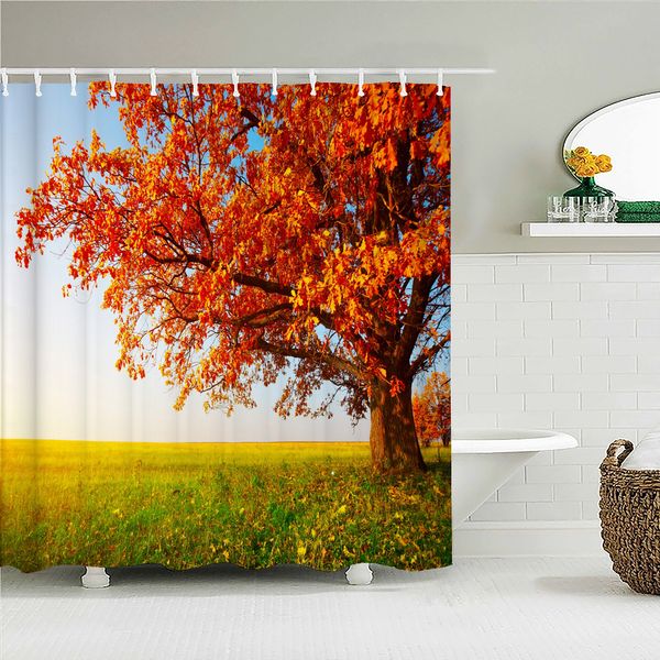 Rideaux de douche Paysage de forêt Rideaux de douche en tissu imprimé Feuilles d'automne Feuille d'arbre Écran de bain Produits imperméables Décor de salle de bain avec crochets 230322