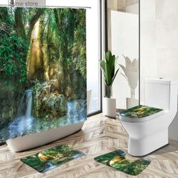 Rideaux de douche Forêt cascade paysage rideau de douche Tropical vert plantation arbre feuilles tapis de bain couverture de toilette flanelle salle de bain tapis ensemble Y240316