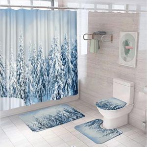 Rideaux de douche Forest Couteille d'hiver Set Set Christmas Mountain Couvre-Snue Couvre-toi de salle de bain Flanelle Tapis de salle de bain Couvrette de toilette