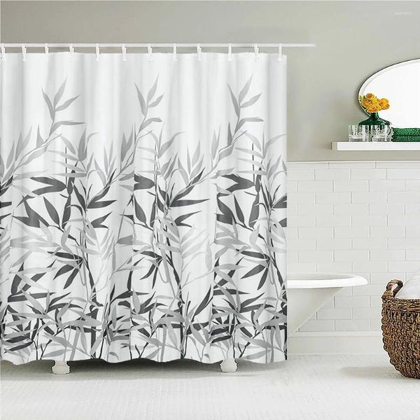 Rideaux de douche Feuilles de plantes fraîches Tissu Rideau de bambou Polyester imperméable 3D Impression Feuille de bain pour décor de salle de bain avec crochets