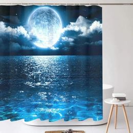 Rideaux de douche pleine lune océan paysage rideau pour salle de bain nuit étoilée bleu mer vue polyester tissu baignoire décor