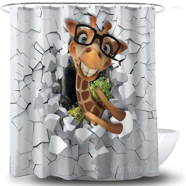 Cortinas de ducha Jirafa de animales divertidos con vasos que se rompen en la pared Cortina de baño de impresión de arte 3D