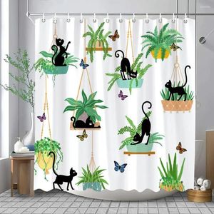 Rideaux de douche animaux drôles et plantes en pot rideau imprimé feuilles tropicales art en tissu créatif décor de salle de bain