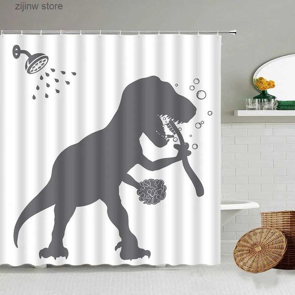 Rideaux de douche Drôle de bain dinosaure rideaux de douche gris Silhouette Animal sauvage blanc enfants salle de bain décor Polyester tissu rideau de bain Y240316