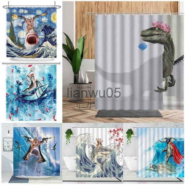 Cortinas de ducha Baño divertido Dinosaurio Cortinas de ducha Gato Tiburón Ballena Elefante Ola Tortuga marina Tela creativa Niños Hogar Baño Decoración Set x0731