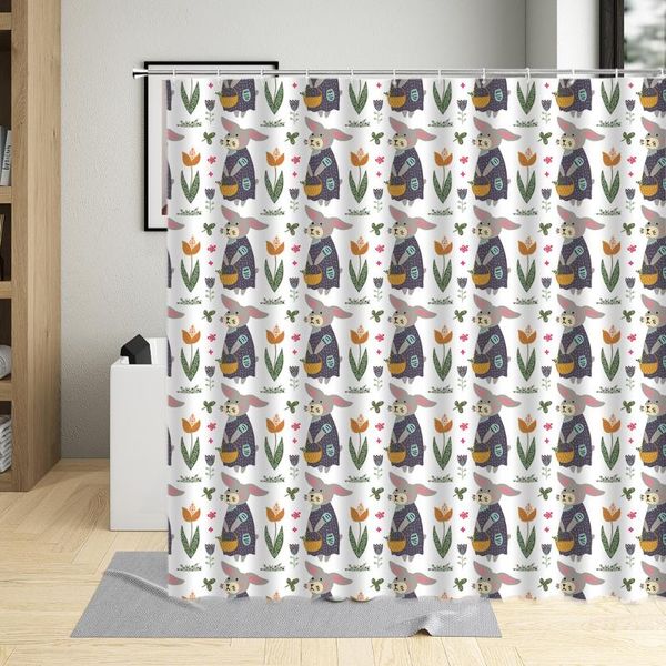 Cortinas de ducha Dibujos animados divertidos Cortina Lindo Conejos retro Impresión Baño Pantalla impermeable Decoración de la pared con 12 ganchos