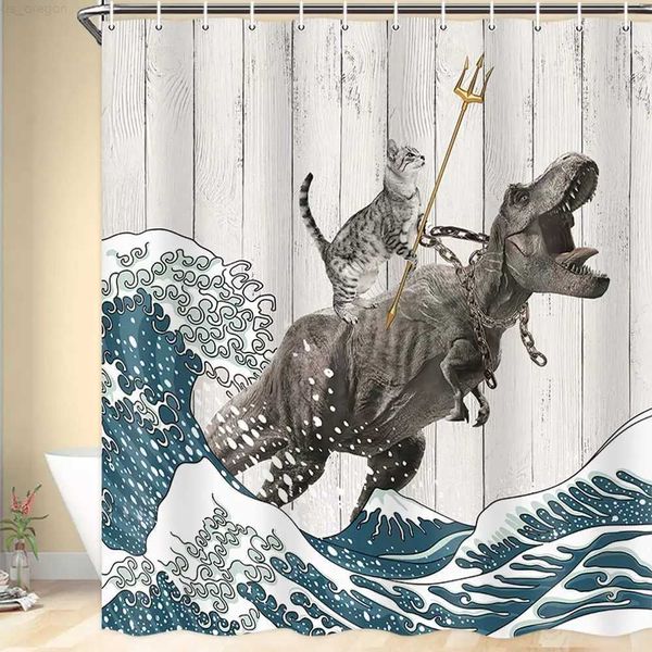 Cortinas de ducha Cortina de ducha divertida con diseño de gato, dinosaurio, decoración japonesa de olas oceánicas, cortinas de baño de tela, cortina de baño rústica de madera para niños