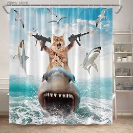 Cortinas de ducha Gato divertido Cortinas de ducha Olas de mar Aves Tiburón Lindo dinosaurio Unicornio Animales divertidos Niños Decoración de baño Niños Cortina de baño Conjuntos Y240316