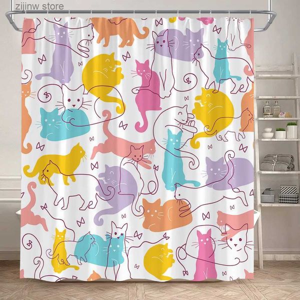 Rideaux de douche Chats drôles rideaux de douche animaux de bande dessinée Art abstrait moderne enfants rideau de bain Polyester tissu salle de bain décor avec crochets Y240316