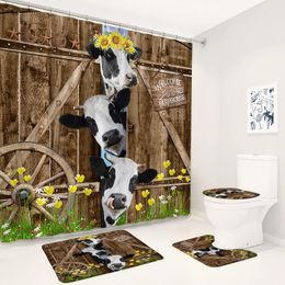 Cortinas de ducha, juego de alfombrillas de baño de vaca divertidas, puerta de madera Vintage, Animal de granja, decoración de baño de girasol de otoño, alfombras antideslizantes con tapa de inodoro