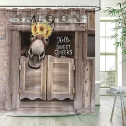 Rideaux de douche Donkey Donke vintage Barn Porte en bois Sunflower Farm Animal Bath rideau de salle de bain Polyester Decor de salle de bain avec crochets