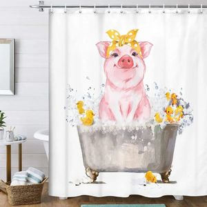 Rideaux de douche Cochon de ferme drôle dans la baignoire, rideau de douche, cochon rustique mignon prend un bain, décor de salle de bain de ferme, rideaux de douche de dessin animé pour enfants 231025