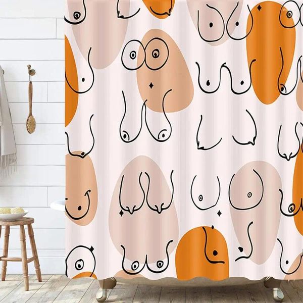 Cortinas de ducha Divertida cortina de cuerpo humano Decoración de baño Chica Mujer Pecho Boob Naranja Rosa Conjuntos de tela