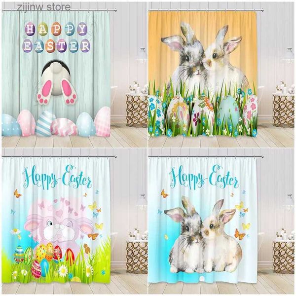 Cortinas de ducha Juego de cortinas de ducha de conejo divertido Animales de dibujos animados Mariposa Huevos de Pascua Cortinas de baño Tela de poliéster Decoración de baño con ganchos Y240316