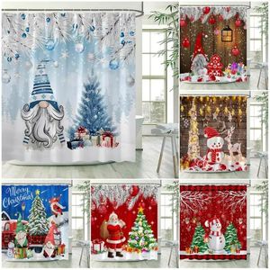 Rideaux de douche drôle père Noël rideau hiver boules d'arbre de Noël bonhomme de neige cadeaux année décoration de noël maison tissu salle de bain