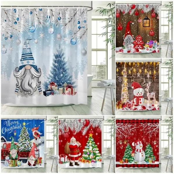 Cortinas de ducha Divertida cortina de Papá Noel Invierno Bolas de árbol de Navidad Regalos de muñeco de nieve Año Decoración navideña Tela para el hogar Baño