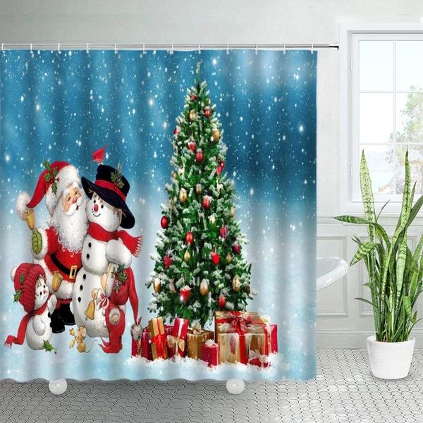 Cortinas de ducha Divertido Santa Claus Lindo muñeco de nieve Navidad Verde Árbol de Navidad Regalo Año de invierno Decoración Cortina de baño con ganchos