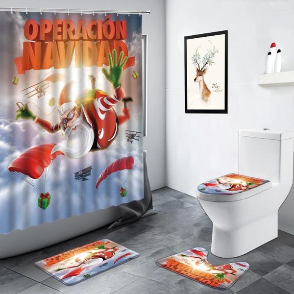 Rideaux de douche Funny Santa Claus Parachute Christmas Decor Salle de bain Ensemble de salle de bain Bath Bath Mat de bain Toilet de toilette Tapis sans glissement