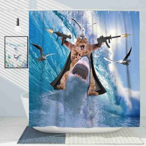 Douchegordijnen Grappig Douchegordijn Schattig Zeekat Rijden Haai Walvis Cartoon Dier Creativiteit Kinderbadkamer Decor Polyester Stof Doek Haken