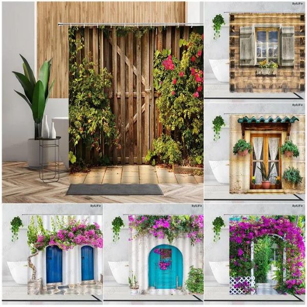 Rideaux de douche rideau de jardin ensemble pour décor de salle de bain fleur de plante verte plante en bois imprimer des accessoires de bain en fond de toile de fond tissu