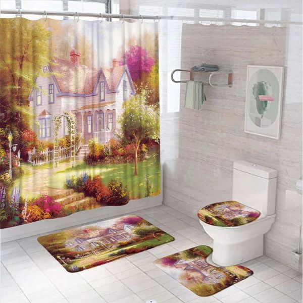 Rideaux de douche jardin housses de fleurs rideaux peinture à l'huile de village de village européen écran de salle de bain de salle de bain non glissée tapis de couverture de toilette