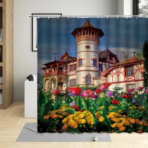 Rideaux de douche Jardin Fleurs Rideau Tulipe Cour Plantes vertes Pays Peinture à l'huile Forêt Paysage Mur Tissu Ensembles de salle de bain