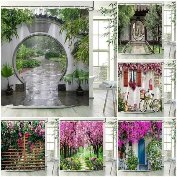 Rideaux de douche Garden paysage de style chinois porte arché plantes vertes clôture fleurs roses décor de salle de bain imperméable avec crochets