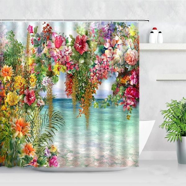 Rideaux de douche Jardin Paysage Fleurs Plante Paysage rural Creative Peinture à l'huile Art Floral Moderne Salle de bain Décor Rideaux Ensembles