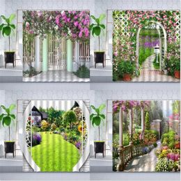 Douchegordijnen Tuinlandschap Gordijn Binnenplaats Bloemenhek Groene Plant Paars Roze Bloemen Badkamer Polyester Ophangset Haak