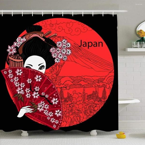 Cortinas de ducha Geisha Girl Mujer Japonesa Gente Kimono Asian Hermosa Decoración de baño de poliéster de poliéster negro