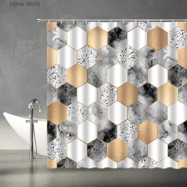Rideaux de douche Rideaux de douche en marbre géométrique motif hexagonal abstrait Texture Ombre blanc jaune gris mode tissu moderne décor de salle de bain Y240316