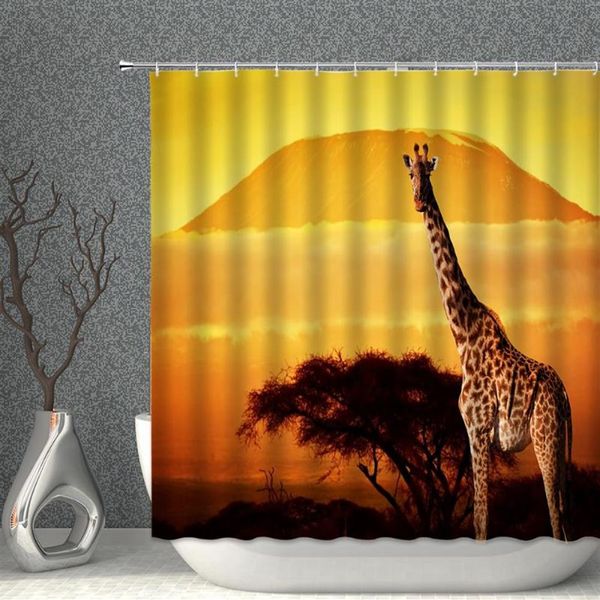 Rideaux de douche Rideau de girafe Ensemble Sunlight Paysage Animal Tissu imperméable Bain avec crochets Multi-Taille Écran de salle de bain Decor178K
