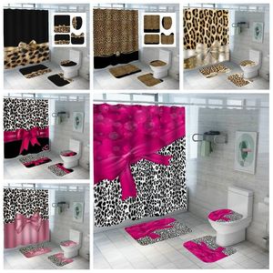 Cortinas de ducha Girly Pink Red Ribbon Leopard Print Conjunto de cortinas impermeables con alfombras de guepardo 3 piezas Cubierta de inodoro Alfombra de baño Felpudo