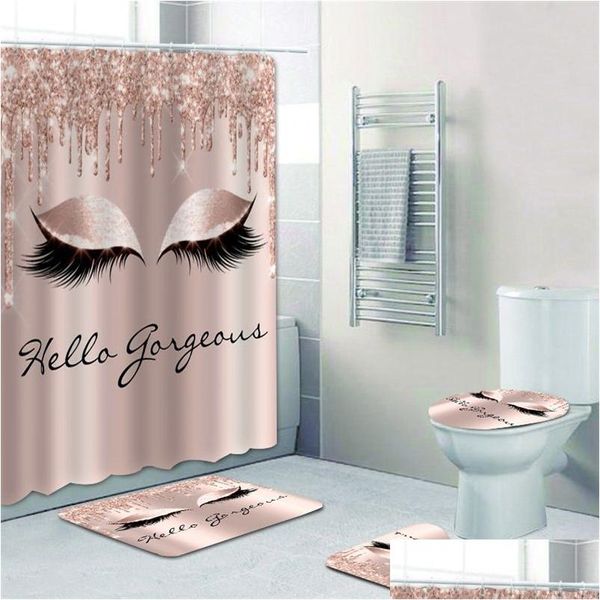 Rideaux de douche Girly Rose Gold Cils Maquillage Rideau Ensemble de bain Spark Drip Salle de bains Eye Lash Salon de beauté Décor à la maison Drop Livraison Gar Dh0Xr