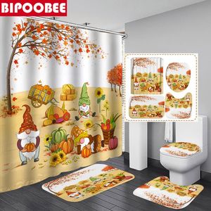 Douchegordijnen Gnoms Pumpkins Zonnebloem Badkamer Set Herfst Gordijn Met Haken Bad Matten Tapijten Toilet Deksel Cover Floor Antislip Tapijt