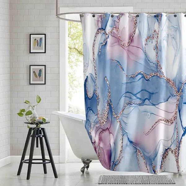 Rideaux de douche Gold Rose Rideau Abstrait Dusty Blue Waves Marbre Imprimé Polyester Tissu Salle de bain imperméable avec crochets