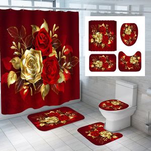 Cortinas de ducha Golden Rose Cortina de ducha Flores Cortina de baño para el día de San Valentín Decoración de la bañera Cortinas de baño de rosas impermeables con ganchos 230615