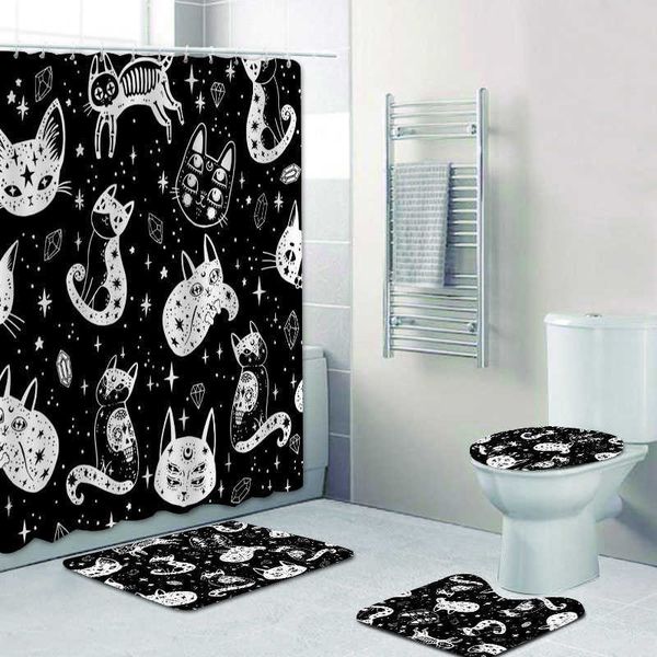 Cortinas de ducha Gato de bruja gótica Juego de cortinas de ducha de Halloween para decoración de baño Dibujo de gato negro de dibujos animados Impreso Esteras de cortina de baño Alfombras RegaloHKD230626