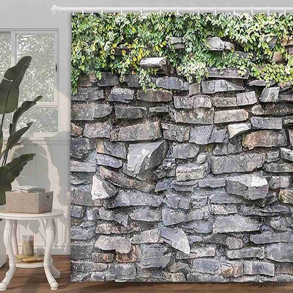 Cortinas de ducha Piedra verde y vieja de la pared Cortina de ducha Baño natural Tela lavable impermeable extra larga para decoración de bañera R231101