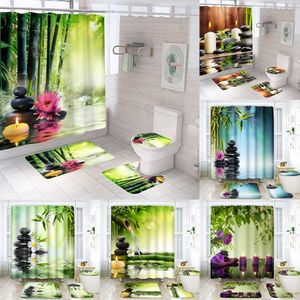 Rideaux De Douche Vert Bambou Noir Zen Lac Pierres Ensemble De Rideaux De Douche Tapis Antidérapant Couverture De Couvercle De Toilette Tapis De Bain Bougie Lotus Salle De Bains Décor Rideau 230322