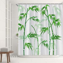 Rideaux de douche en bambou vert ensemble illustration illustration encre forêt plante chinoise imprimé décor de toilette décor de salle de bain crochets