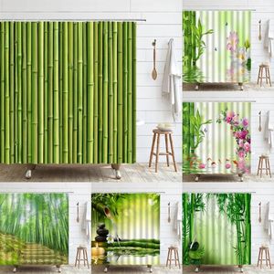 Douchegordijnen groen bamboe hek gordijn tropische natuur planten bloem spa lotus polyester stof huis badkamer decor badkuip scherm set