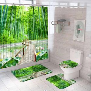 Douchegordijnen groen bamboe boslandschap gordijn sets lotus bloemen houten brug lake badkamer decor met vloerkleed mat toilet deksel deksel